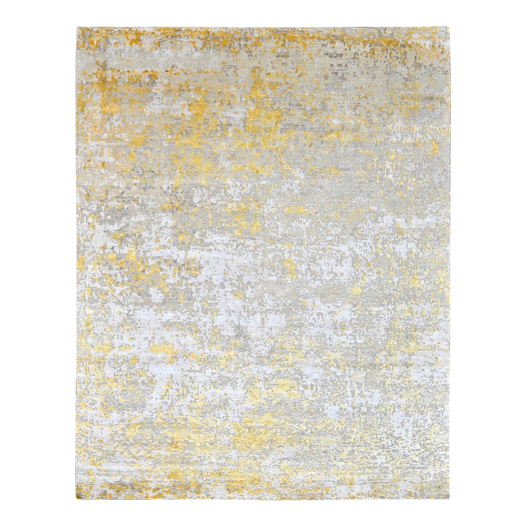 Beige with Gold, Wool and Silk, Abstract Design, Denser Weave, Hi-Low Pile, Hand Knotted, Oriental Rug